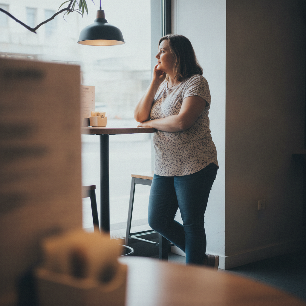 Woman, 40s, Black, full-figured curvy build, elbow on a high cafe table AI-generated photoreal reference