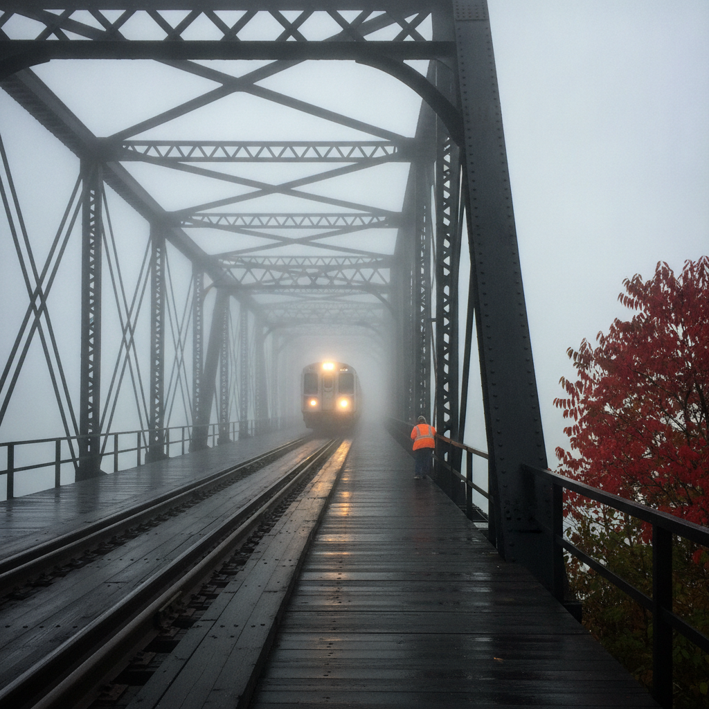 Hudson Through-Truss in Fog AI-generated photoreal reference