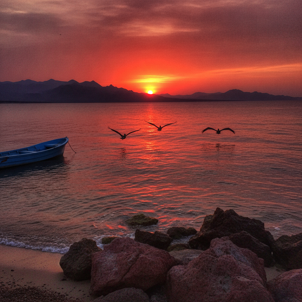 Sunset on the Sea of Cortez from Bahia Concepcion AI-generated photoreal reference