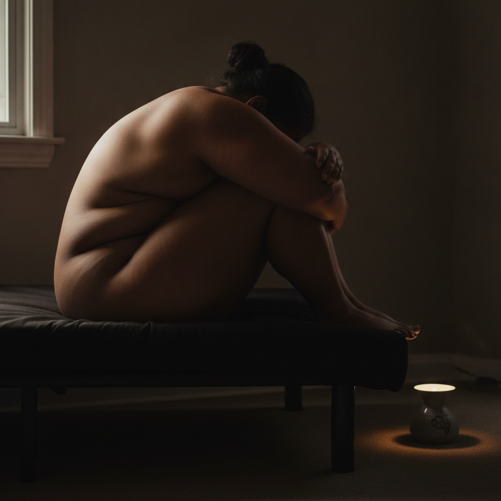 Mature plus-size woman, ball form AI-generated photoreal reference