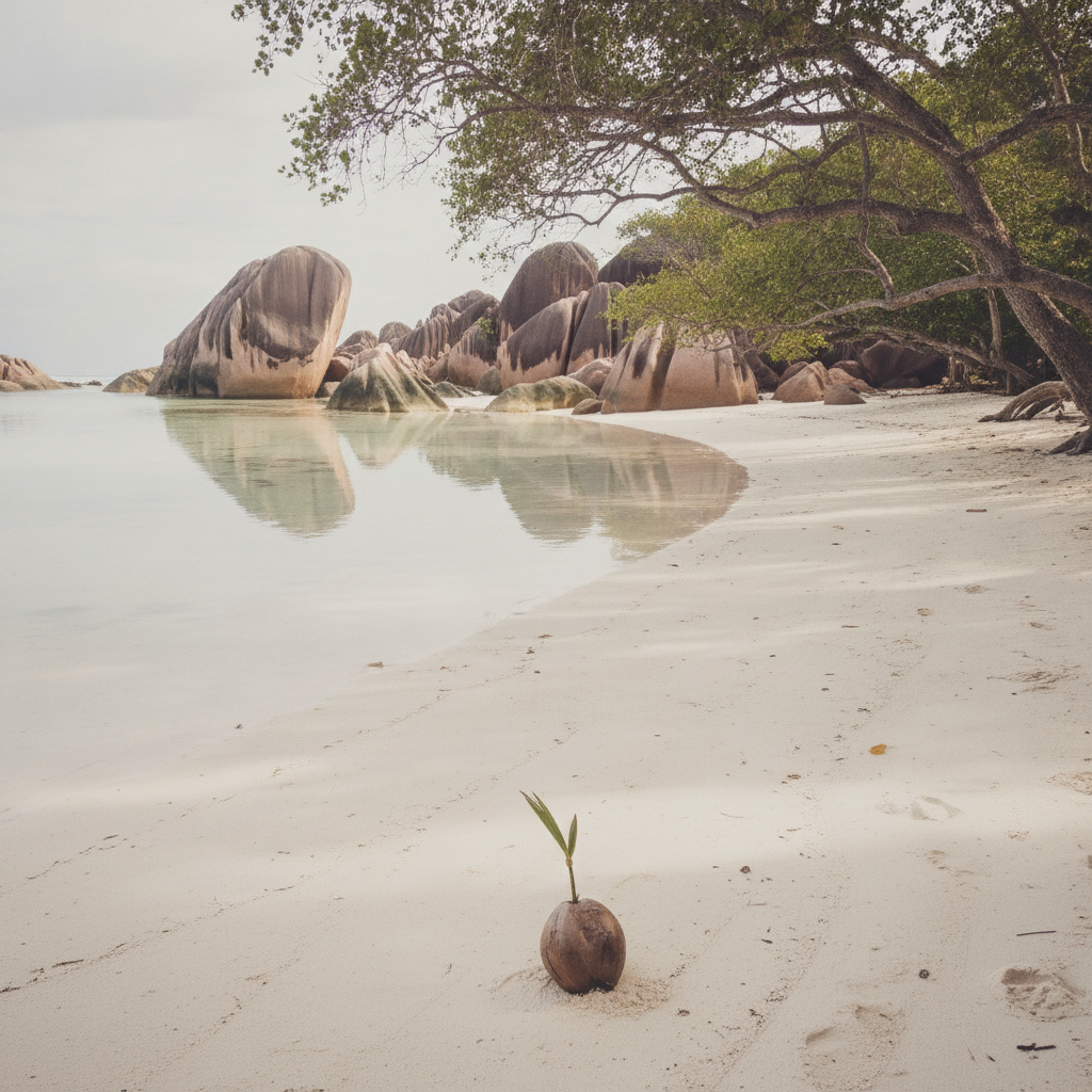 Tropical white sand at Anse Source d'Argent, La Digue AI-generated photoreal reference