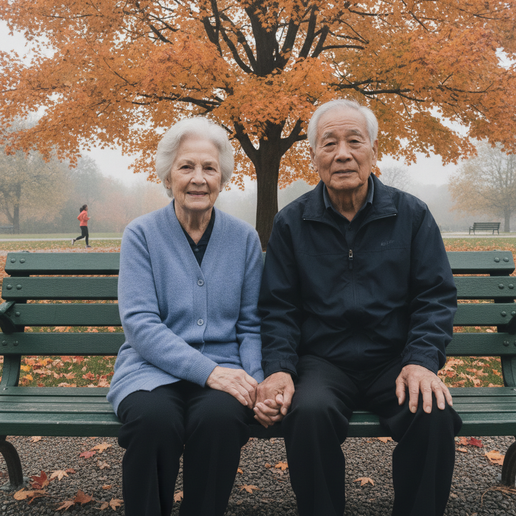 Old couple holding hands on bench AI-generated photoreal reference