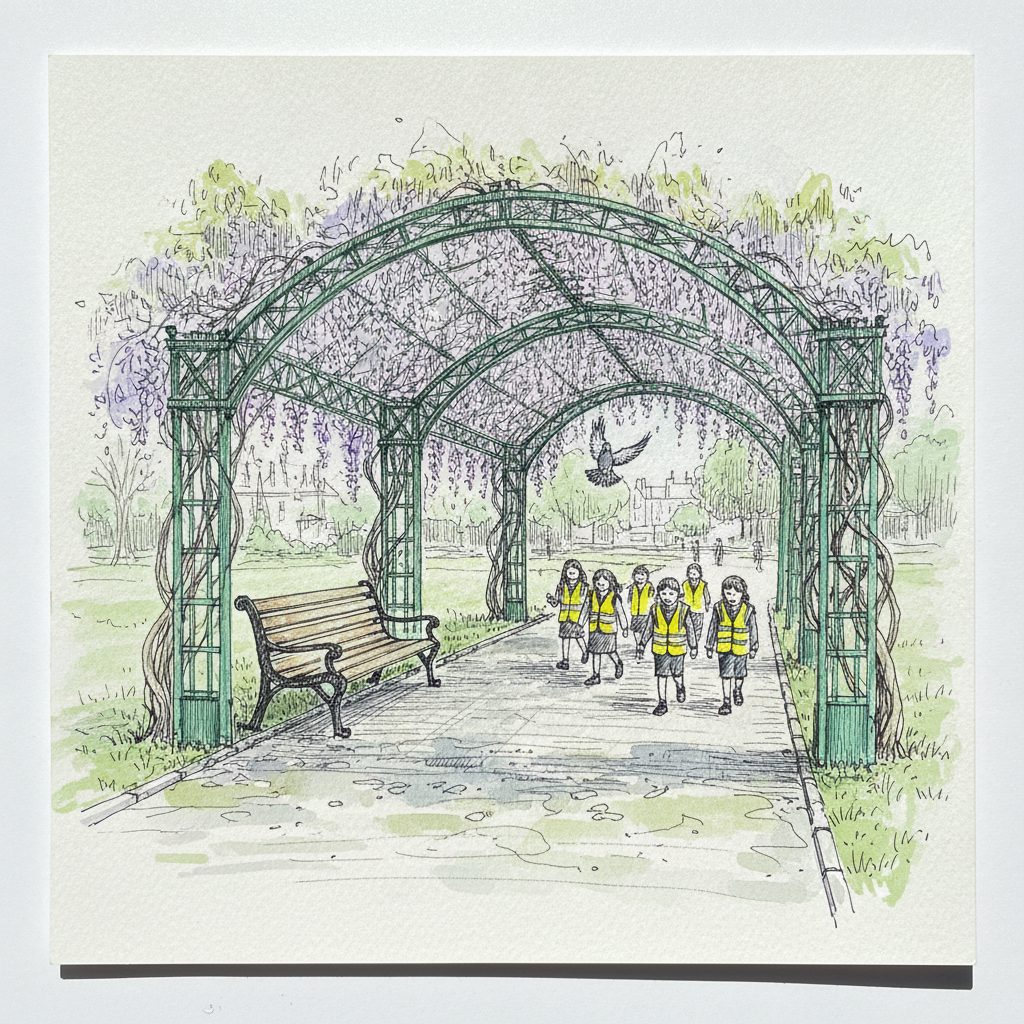 Wisteria arch in a town park with passing schoolchildren example 1