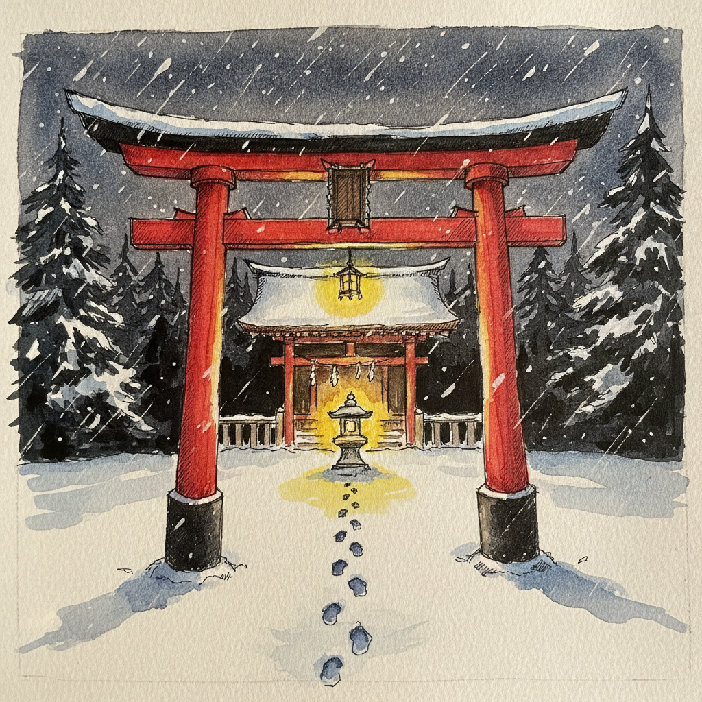 Snow-night torii under a single lantern example 1