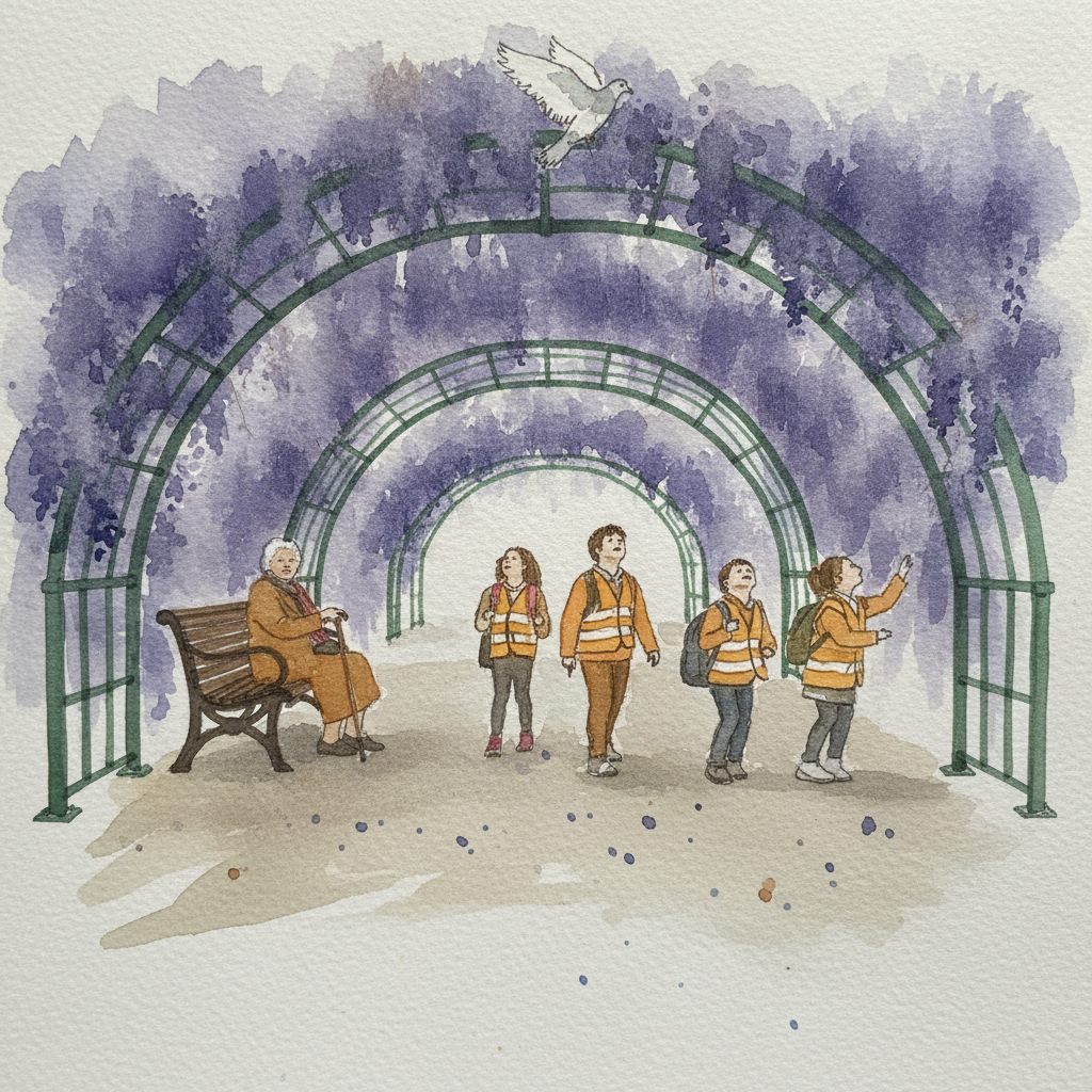 Wisteria arch in a town park with passing schoolchildren example 2