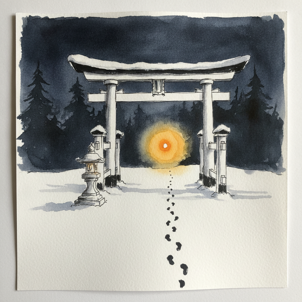 Snow-night torii under a single lantern example 2