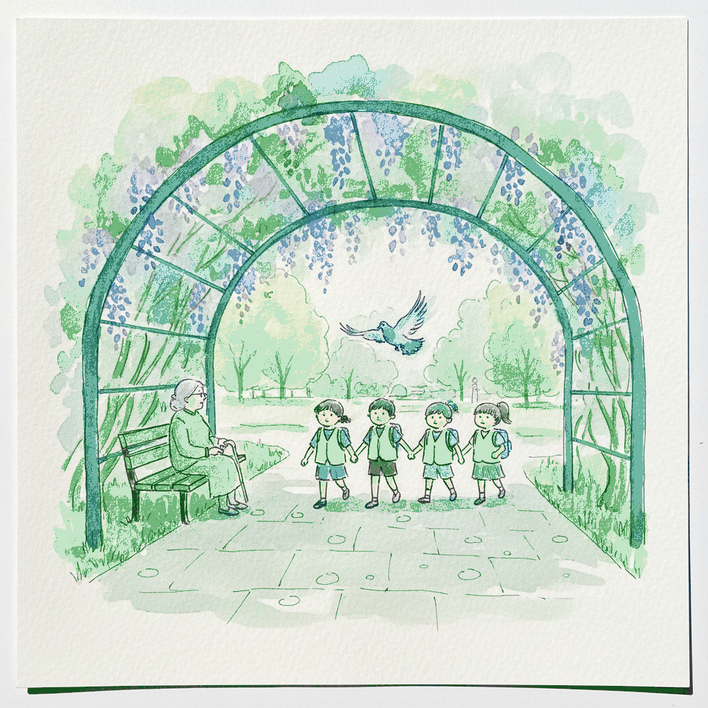 Wisteria arch in a town park with passing schoolchildren example 3