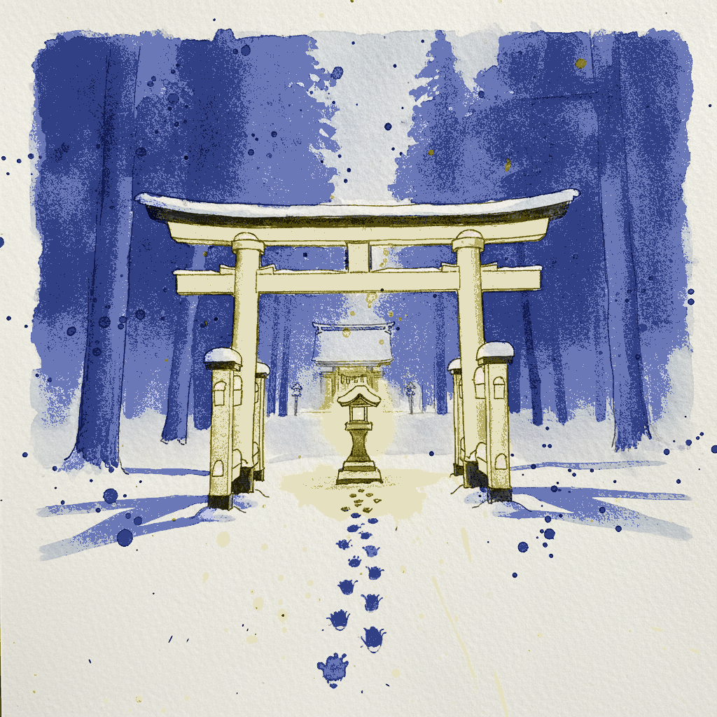Snow-night torii under a single lantern example 3
