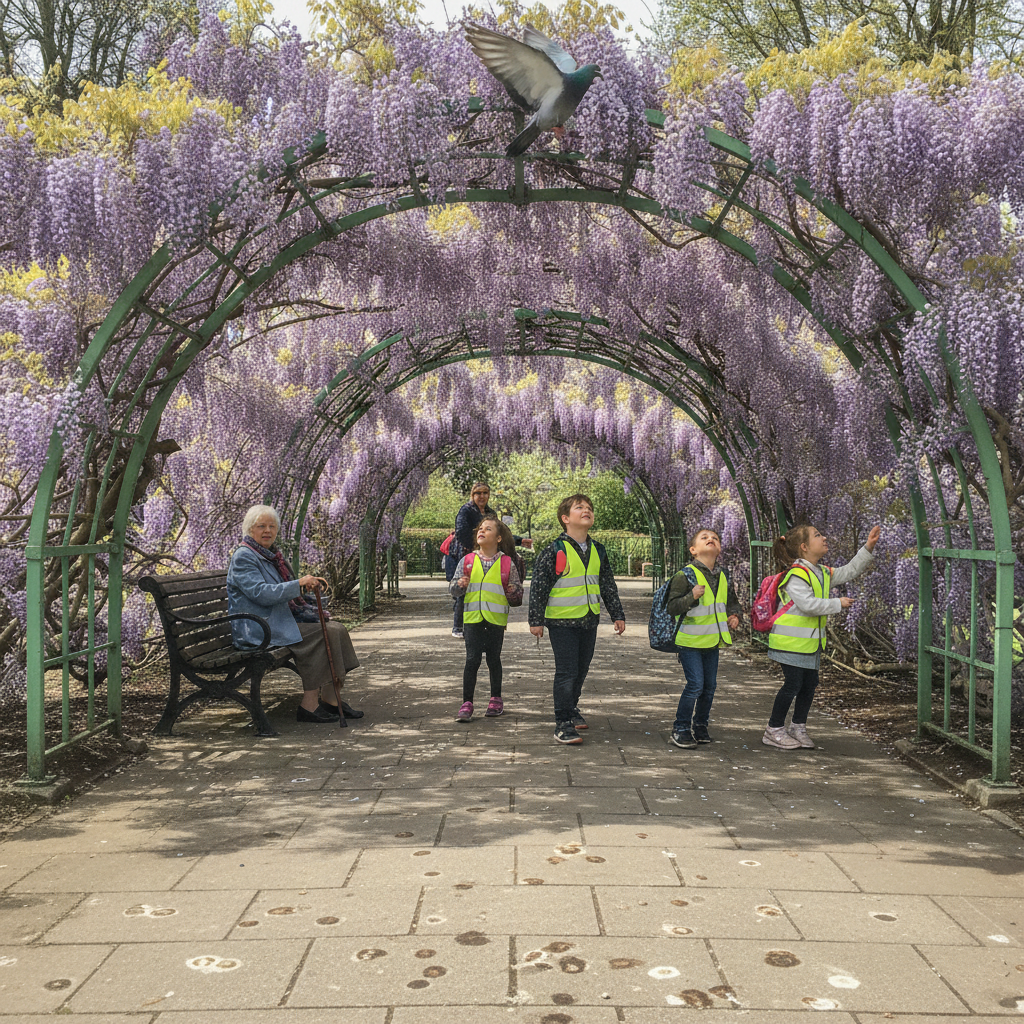 Wisteria arch in a town park with passing schoolchildren AI-generated photoreal reference