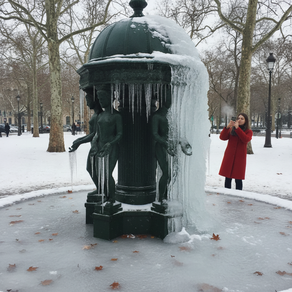 Wallace fountain in winter ice AI-generated photoreal reference