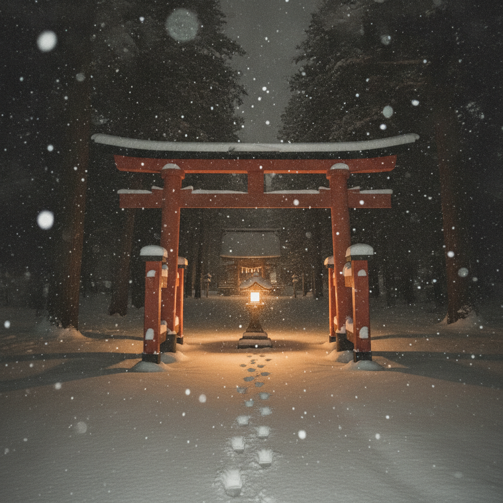 Snow-night torii under a single lantern AI-generated photoreal reference