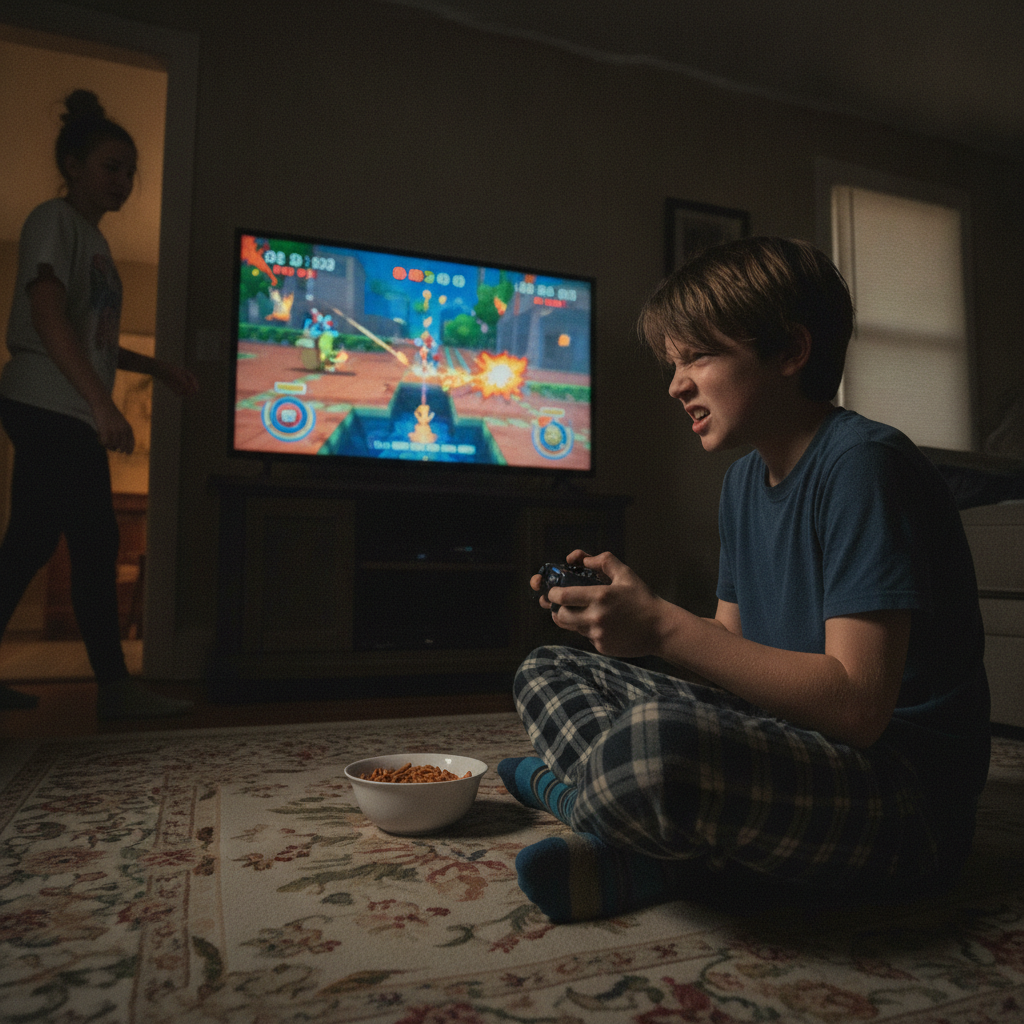 Kid playing video game AI-generated photoreal reference