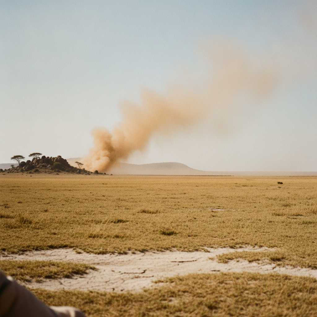 Serengeti dust trail at midday — short-grass plains south of Naabi Hill AI-generated photoreal reference