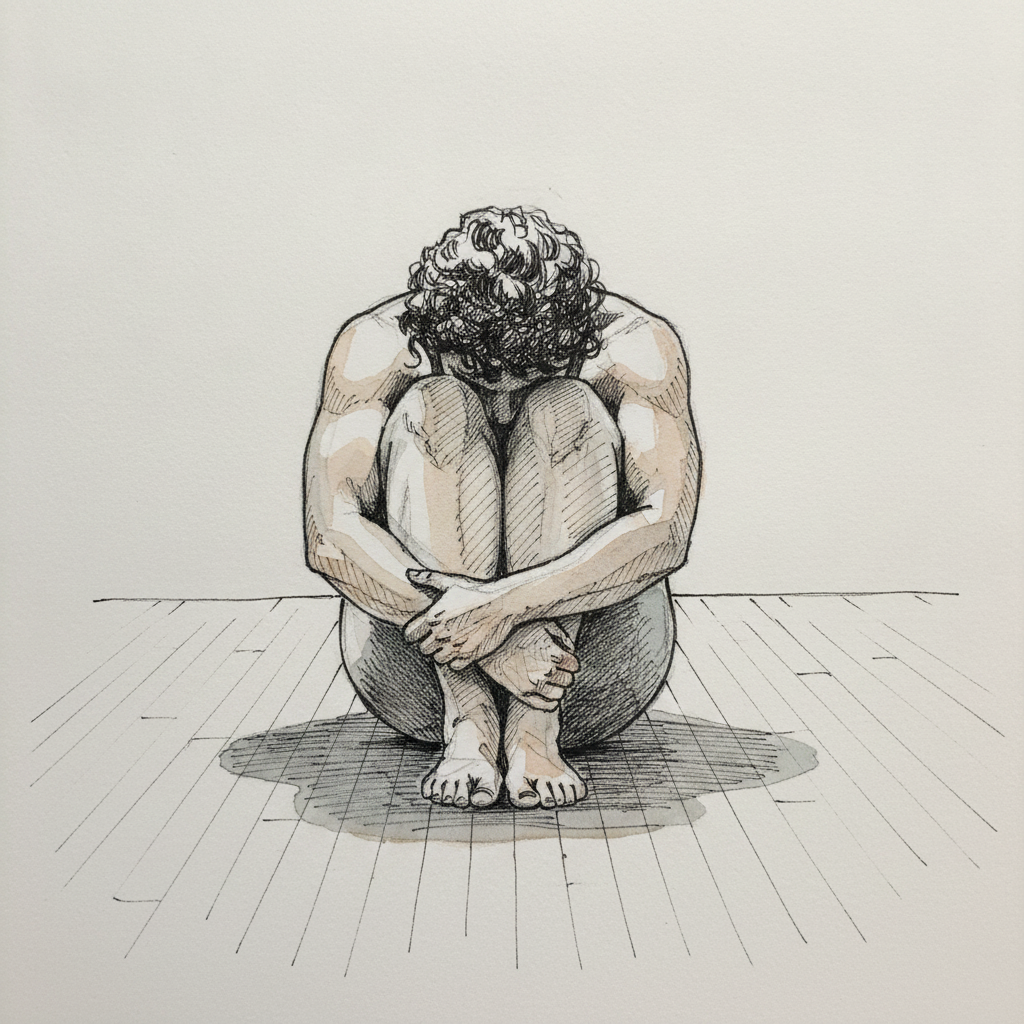 Wood floor, knees to chest, hugged example 1