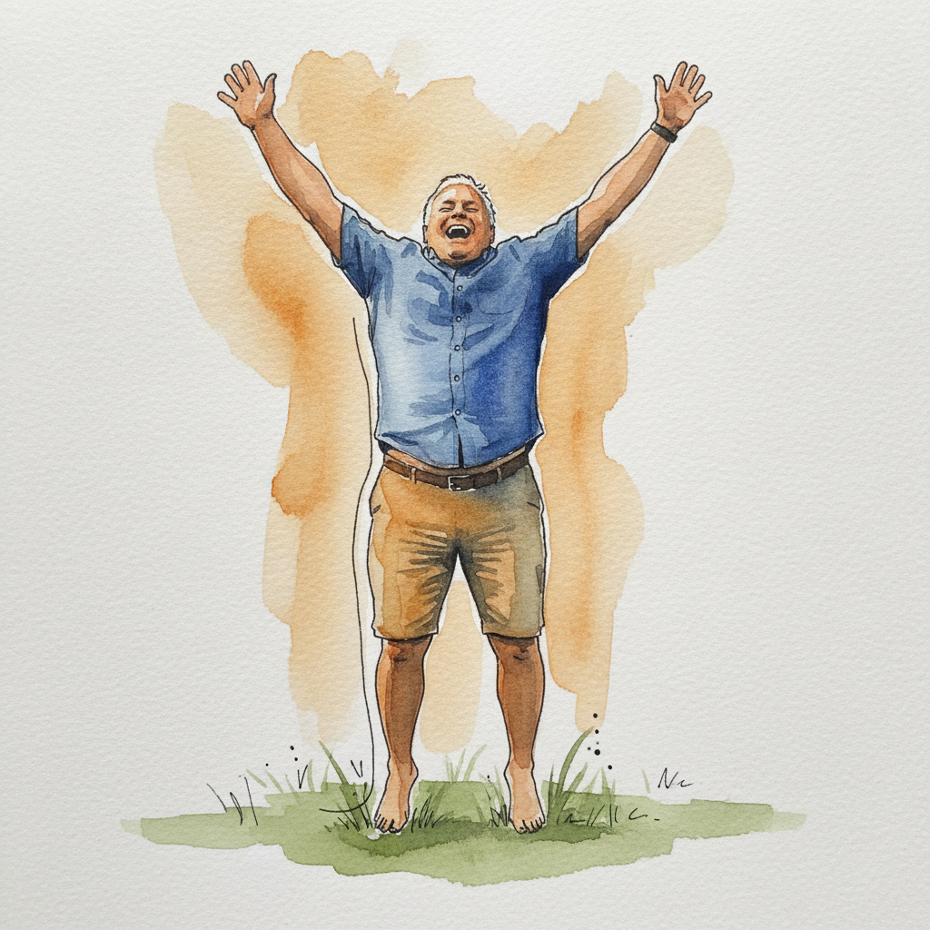 Joyful arms-up jump, soft-bodied man example 1