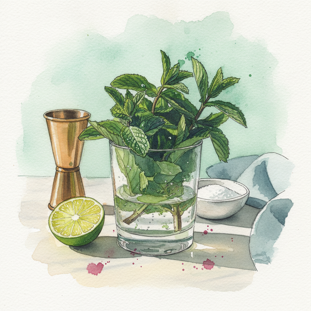 Mint leaves in a glass cup with water example 1