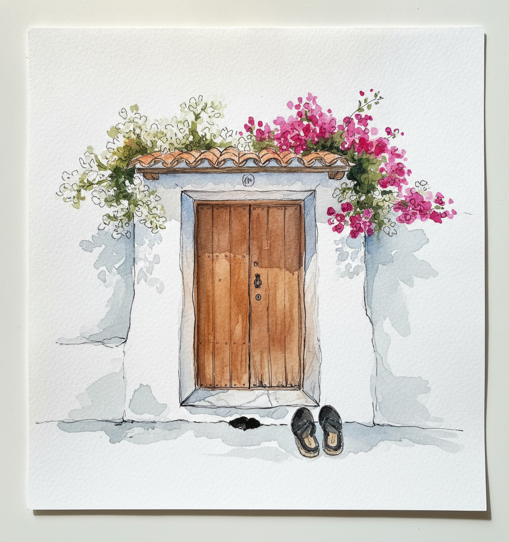 Andalusian whitewashed cottage with a brown door and trailing bougainvillea example 1