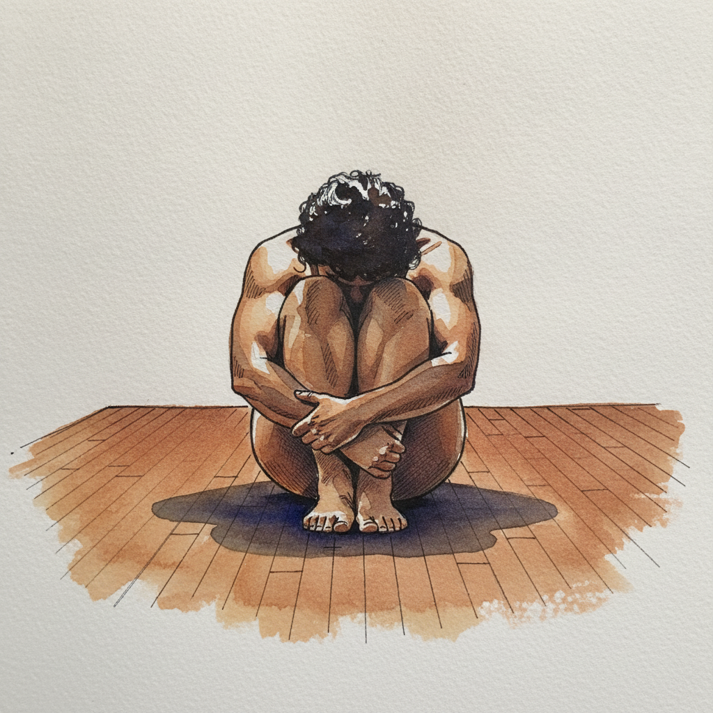 Wood floor, knees to chest, hugged example 2