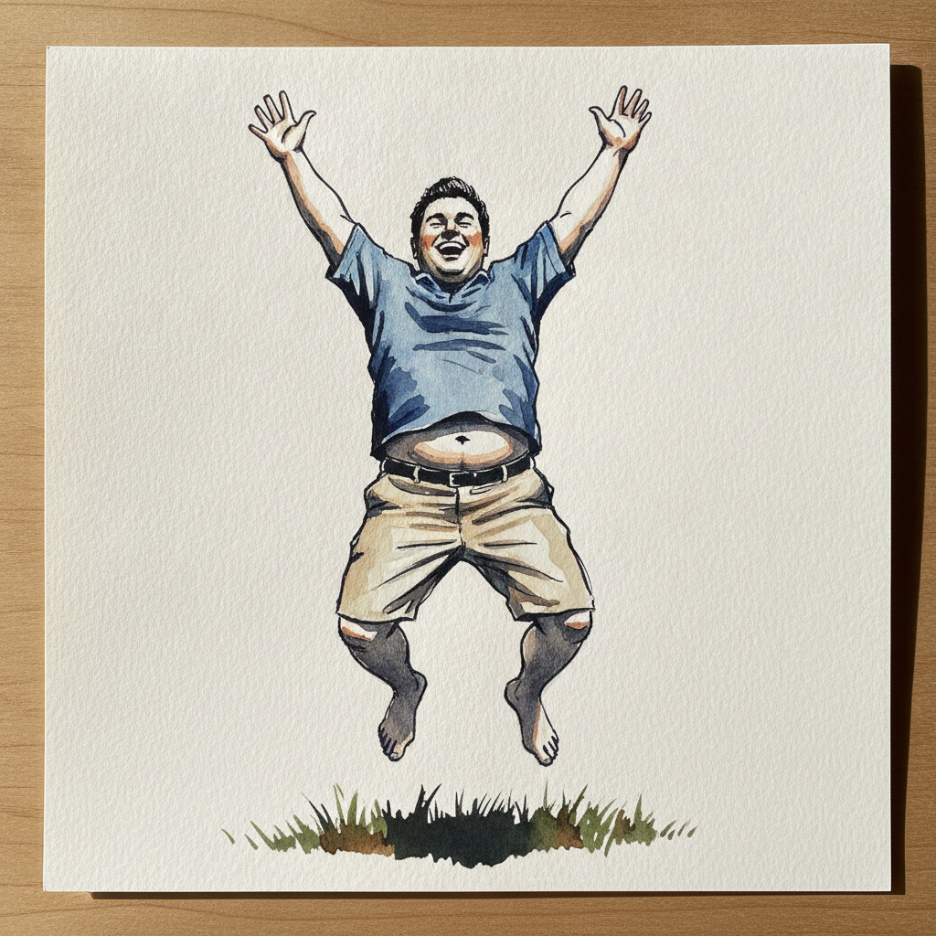 Joyful arms-up jump, soft-bodied man example 2