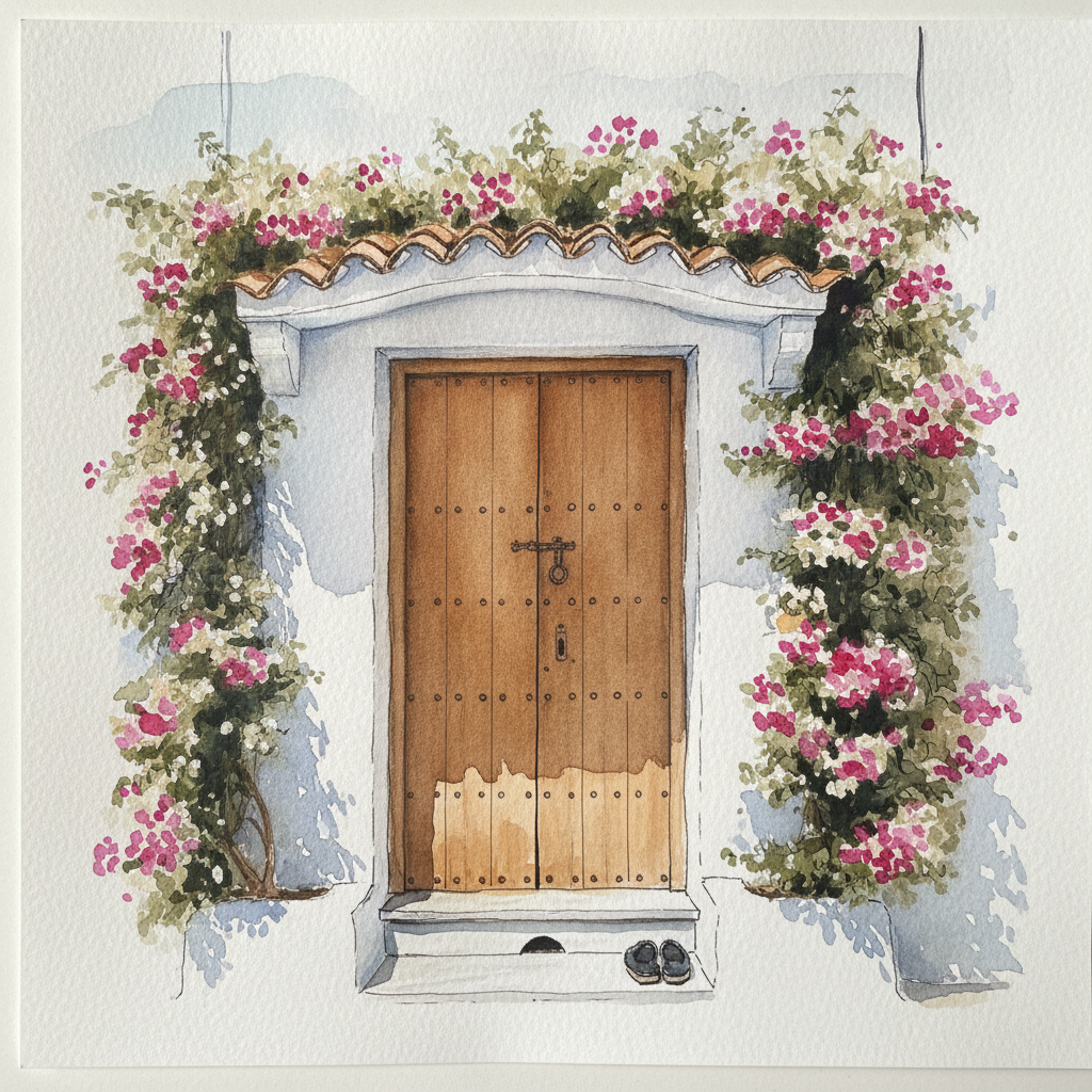 Andalusian whitewashed cottage with a brown door and trailing bougainvillea example 2