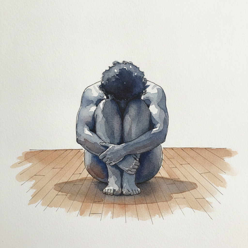Wood floor, knees to chest, hugged example 3