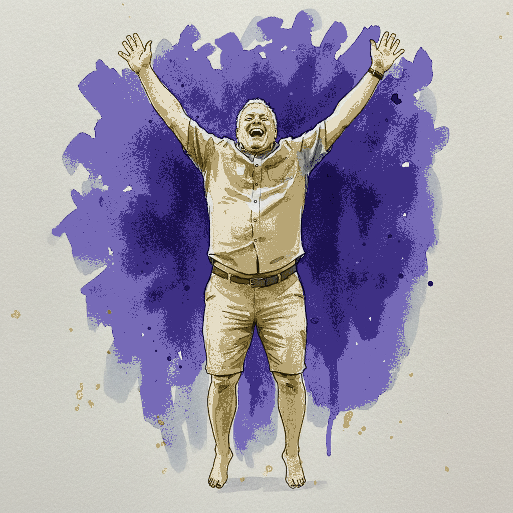Joyful arms-up jump, soft-bodied man example 3
