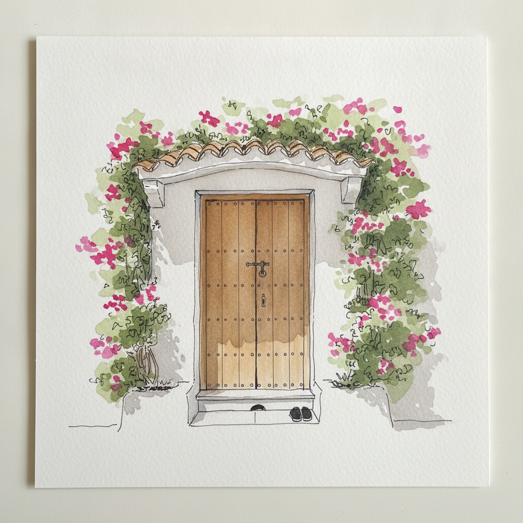 Andalusian whitewashed cottage with a brown door and trailing bougainvillea example 3