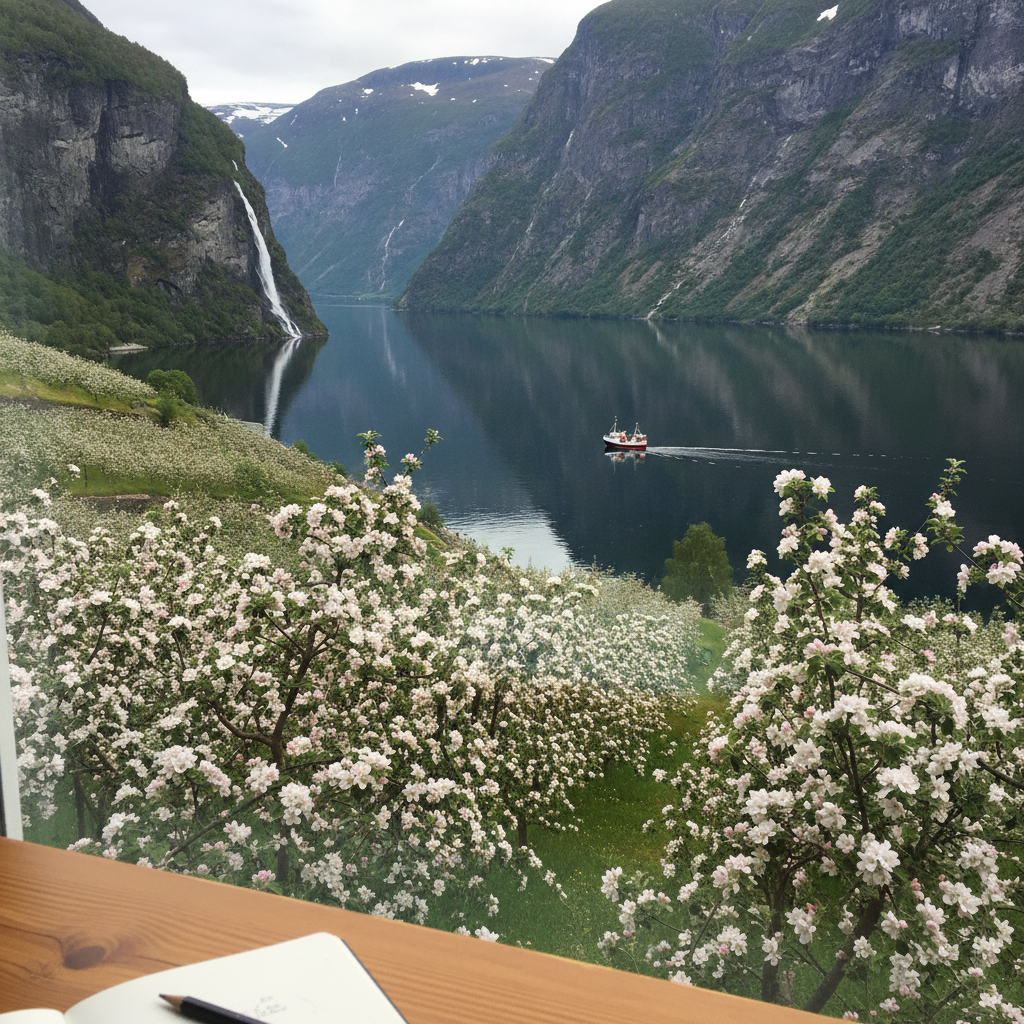 Hardangerfjord in apple-blossom season, Norway AI-generated photoreal reference