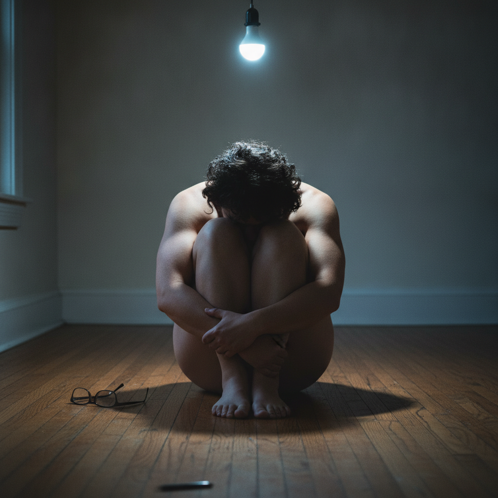 Wood floor, knees to chest, hugged AI-generated photoreal reference
