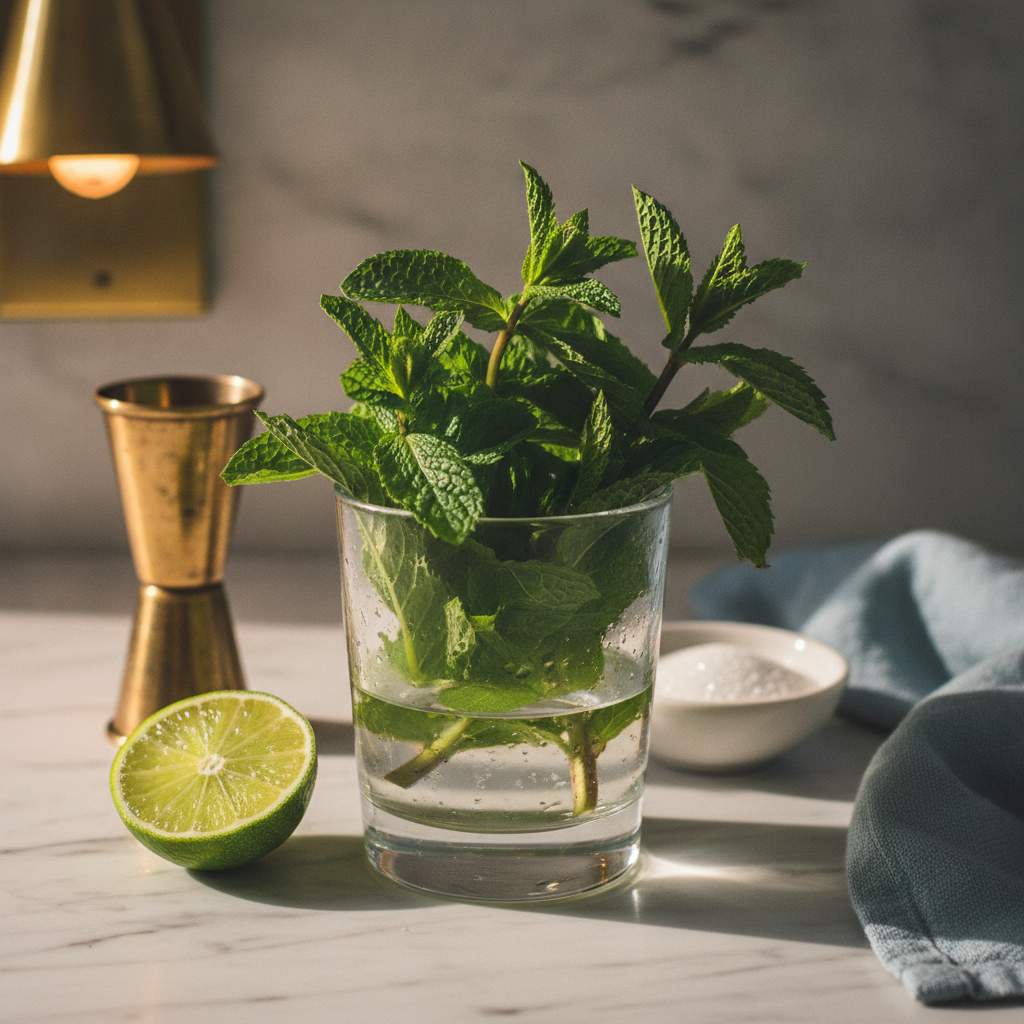 Mint leaves in a glass cup with water AI-generated photoreal reference