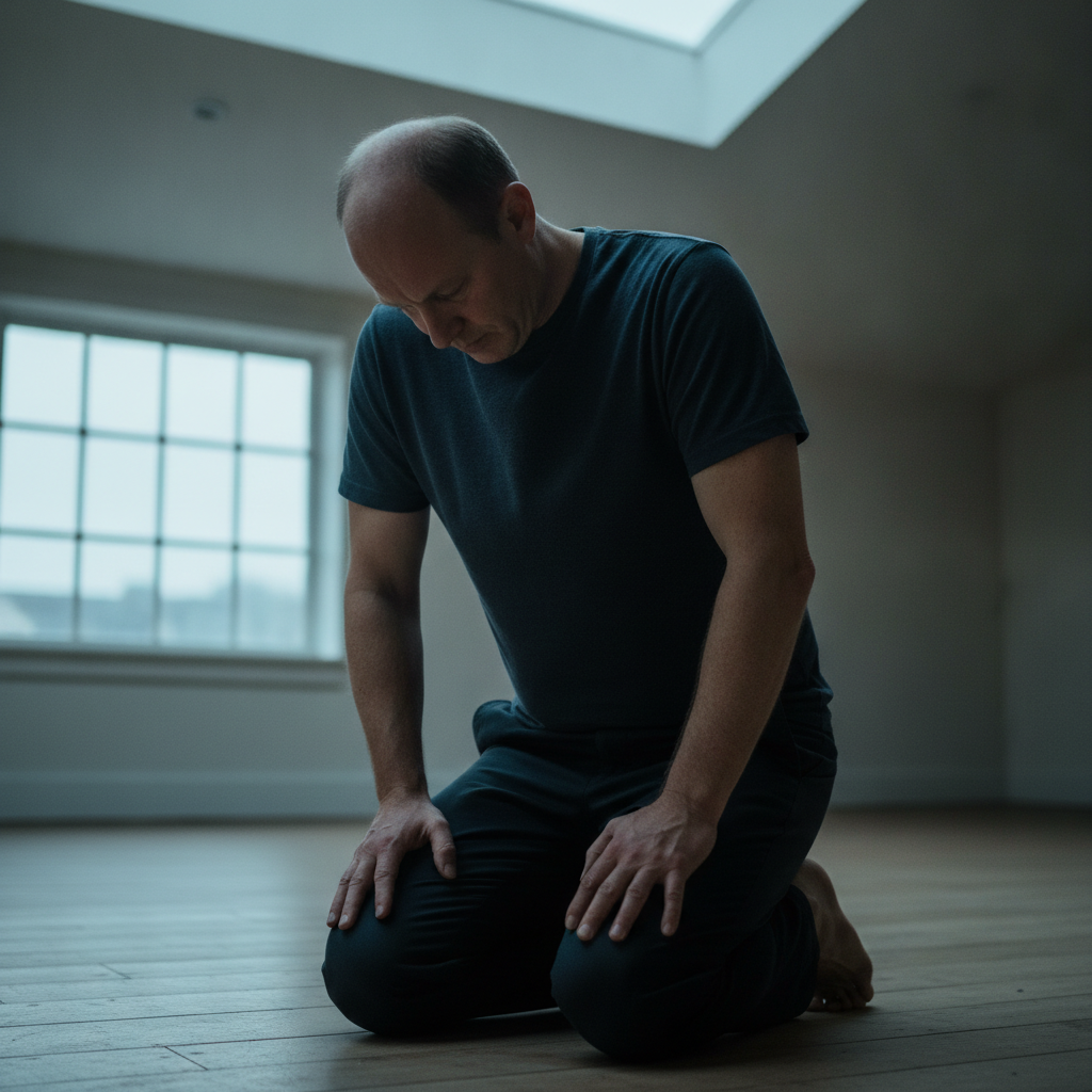 Kneeling on Toes, Looking Down AI-generated photoreal reference