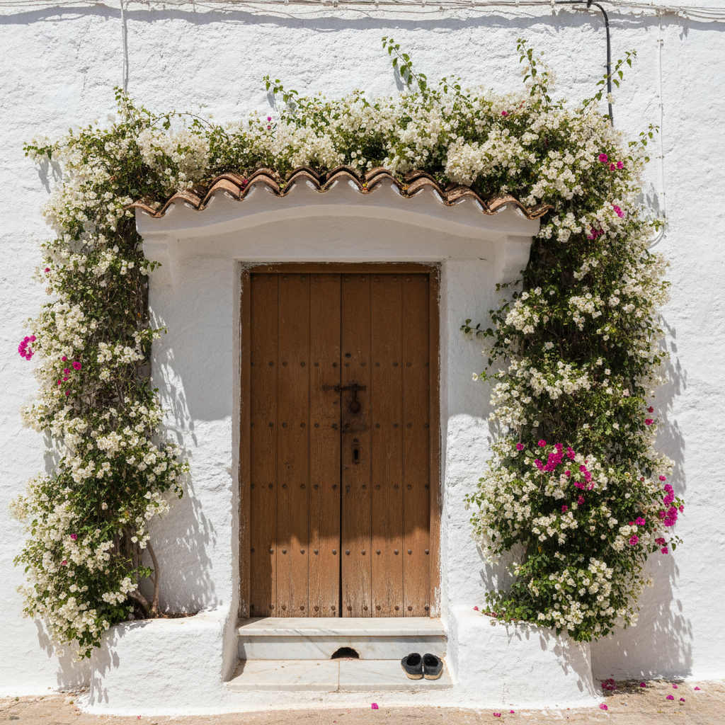 Andalusian whitewashed cottage with a brown door and trailing bougainvillea AI-generated photoreal reference