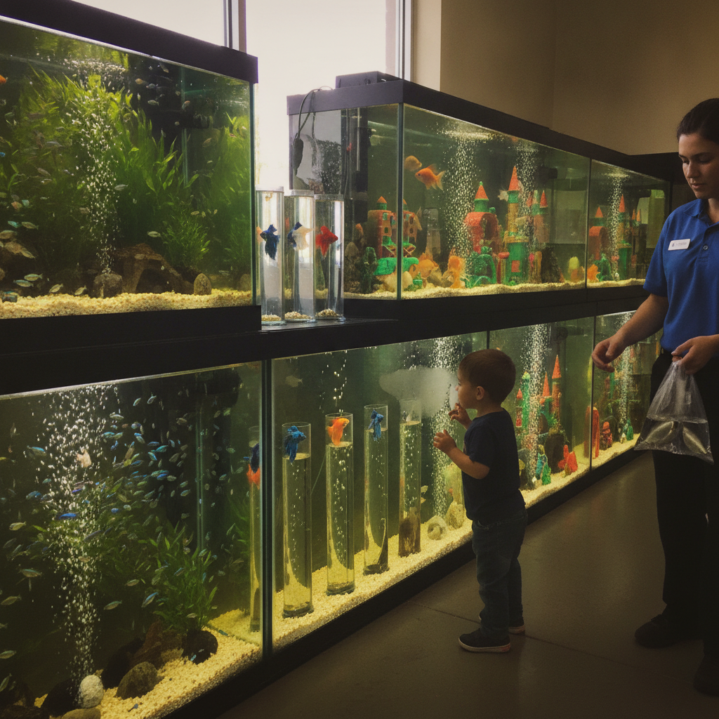 Pet store with fish tanks AI-generated photoreal reference