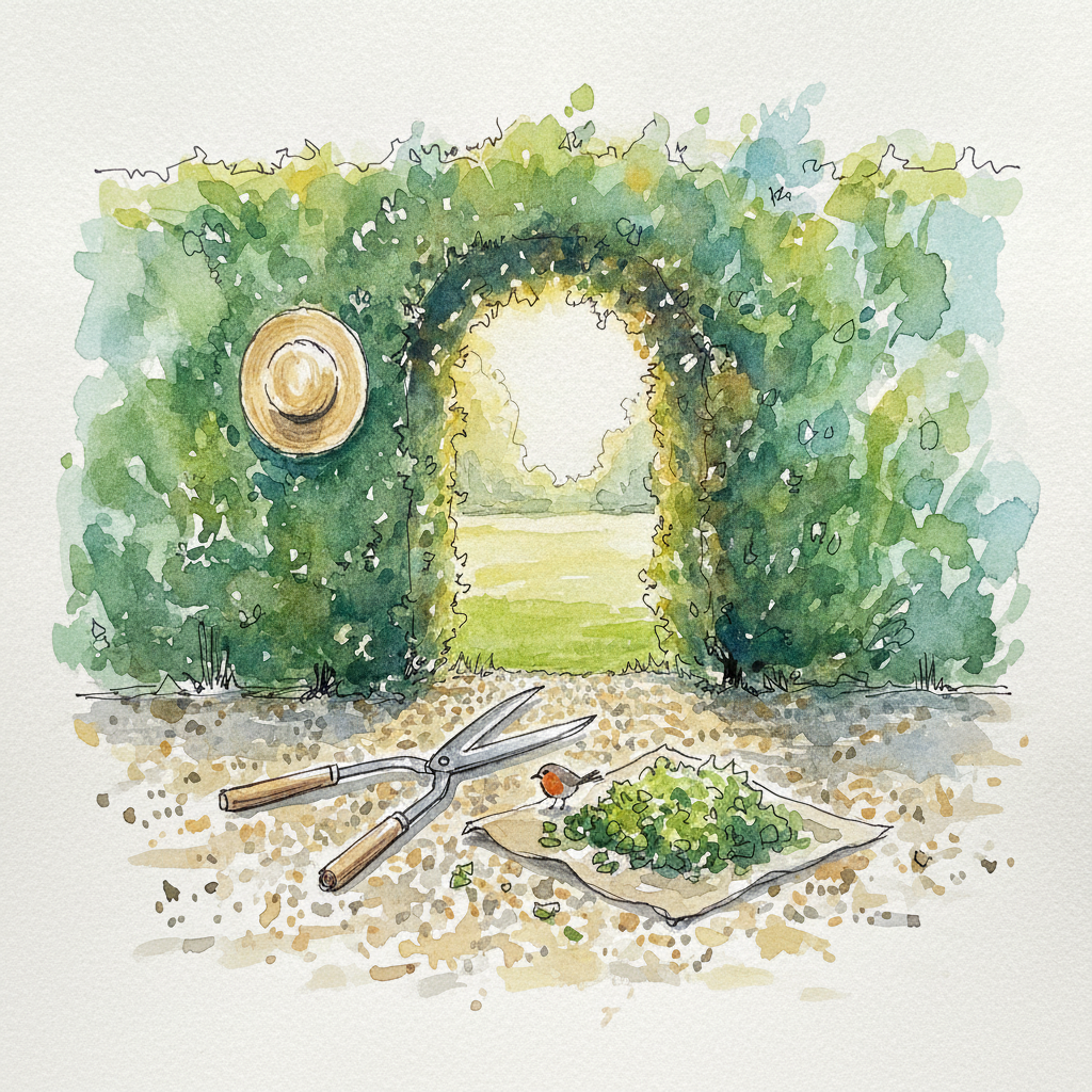 Hornbeam arch with shears resting on gravel example 1