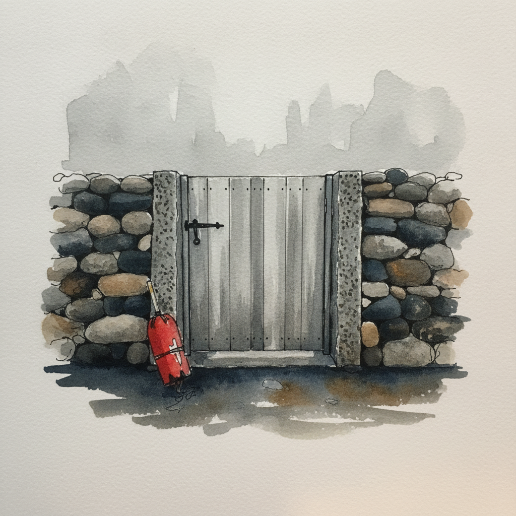 Newfoundland salt-box garden door in fieldstone, fog example 1