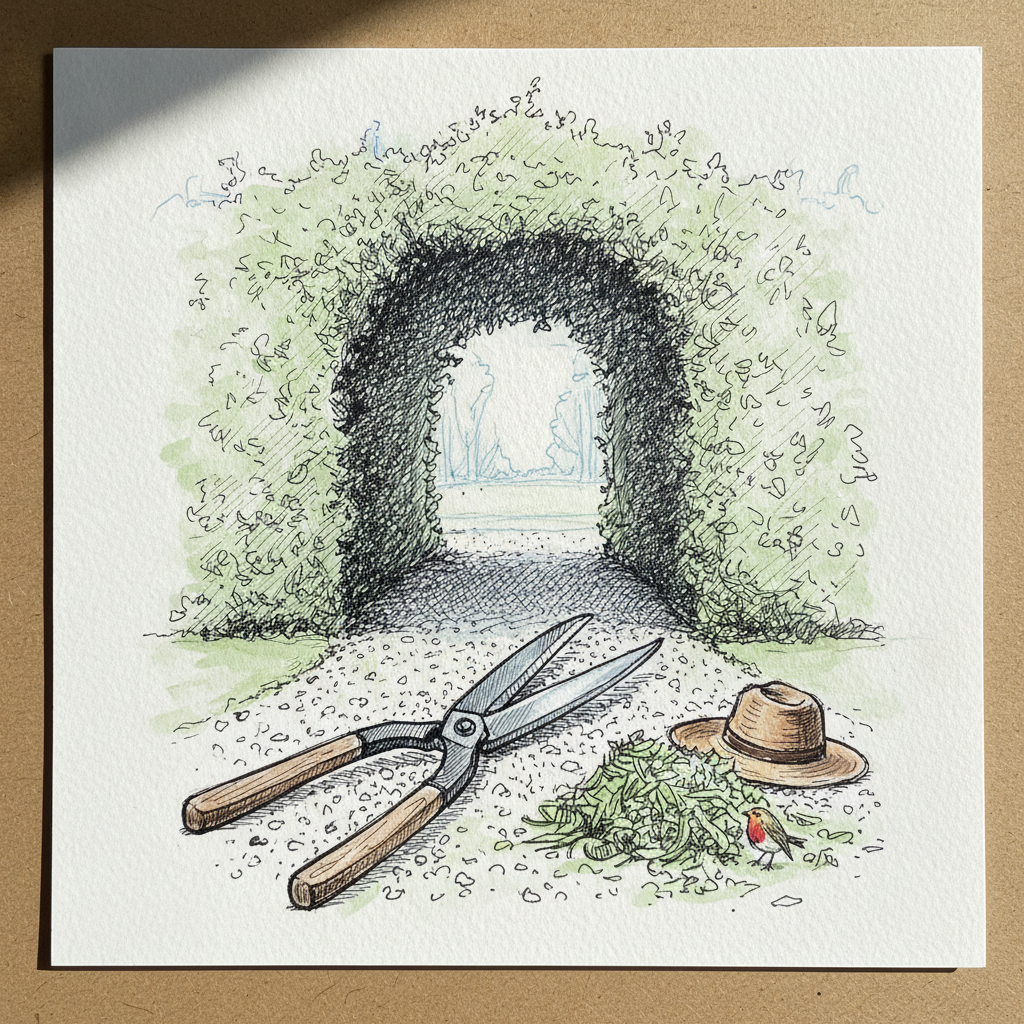 Hornbeam arch with shears resting on gravel example 2