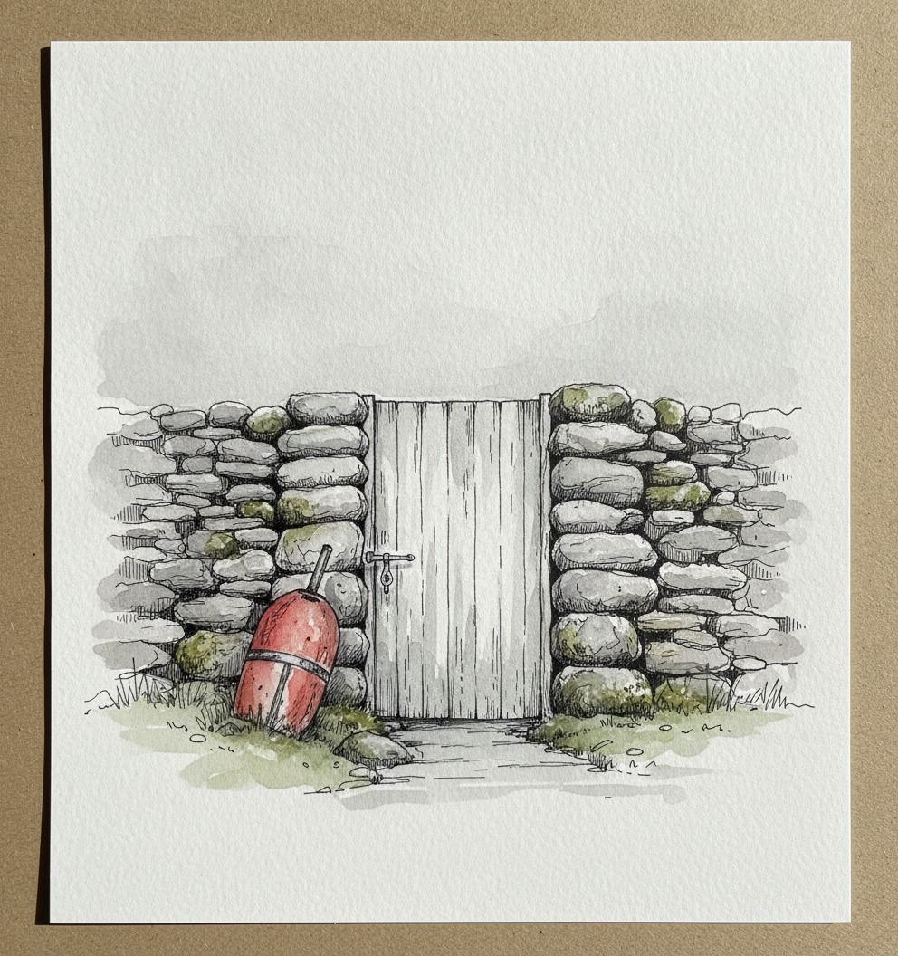 Newfoundland salt-box garden door in fieldstone, fog example 2