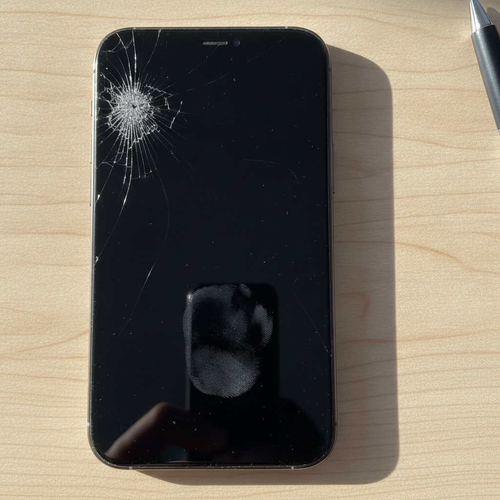 iPhone face-up, cracked screen AI-generated photoreal reference