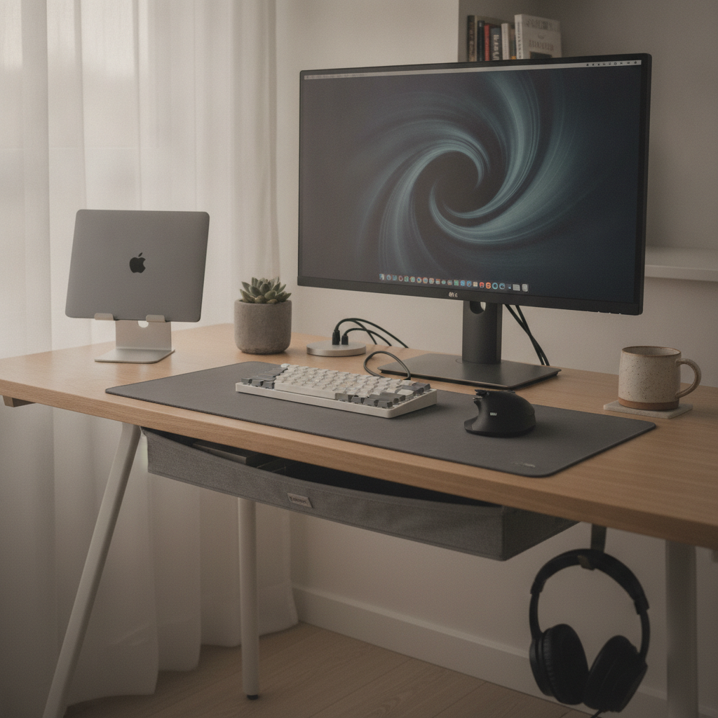 Modern 2024 home office setup AI-generated photoreal reference