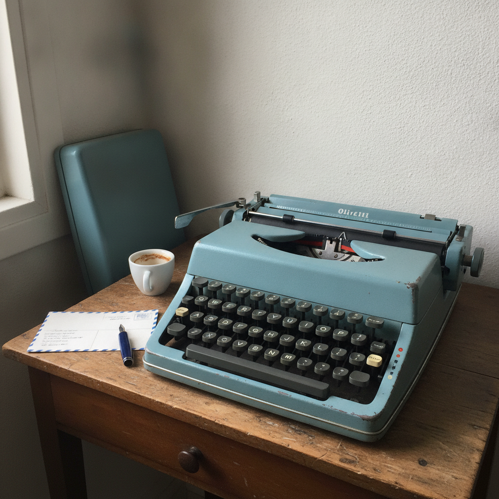 Olivetti Lettera 32 in robin's-egg blue AI-generated photoreal reference