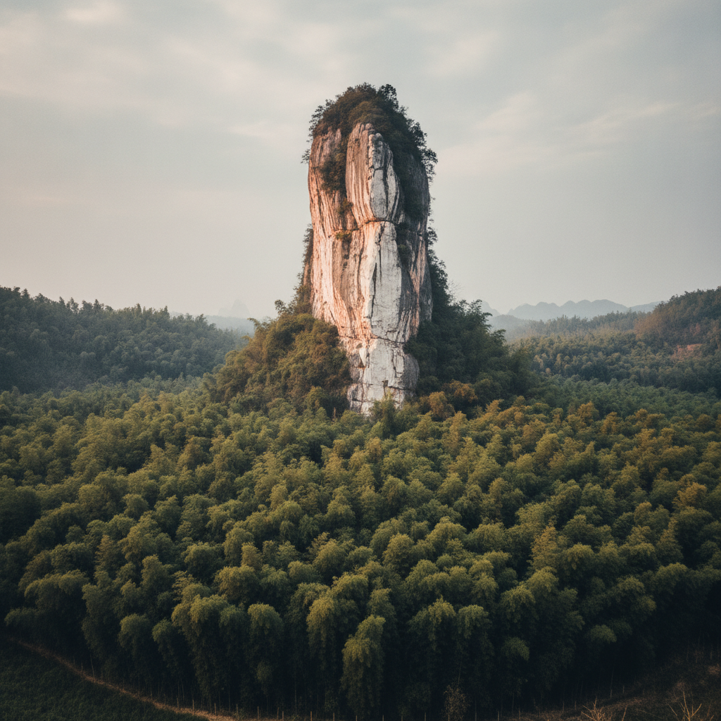 Sichuan limestone karst with bamboo skirt, Shunan AI-generated photoreal reference