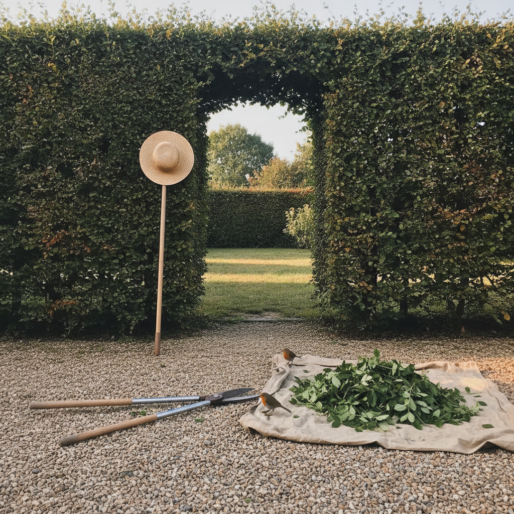 Hornbeam arch with shears resting on gravel AI-generated photoreal reference