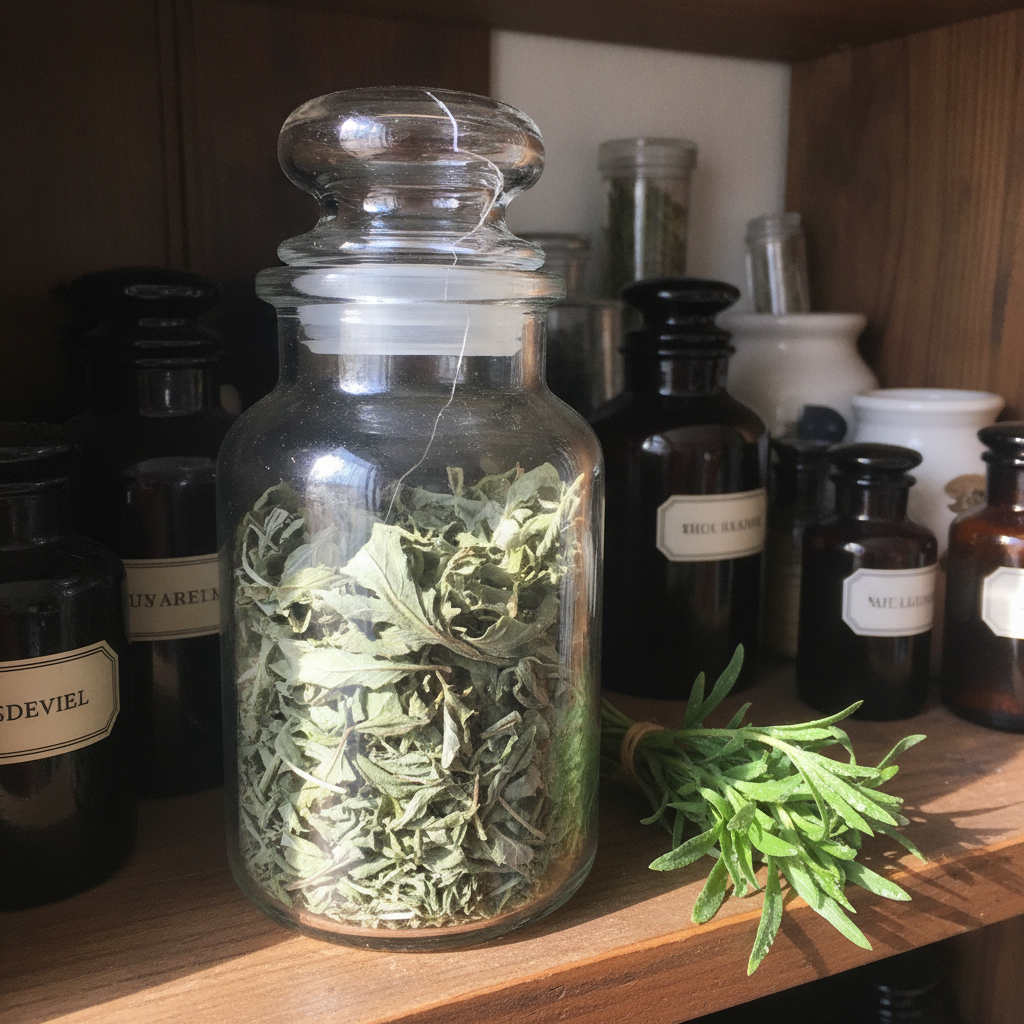 Apothecary Jar of Mugwort AI-generated photoreal reference
