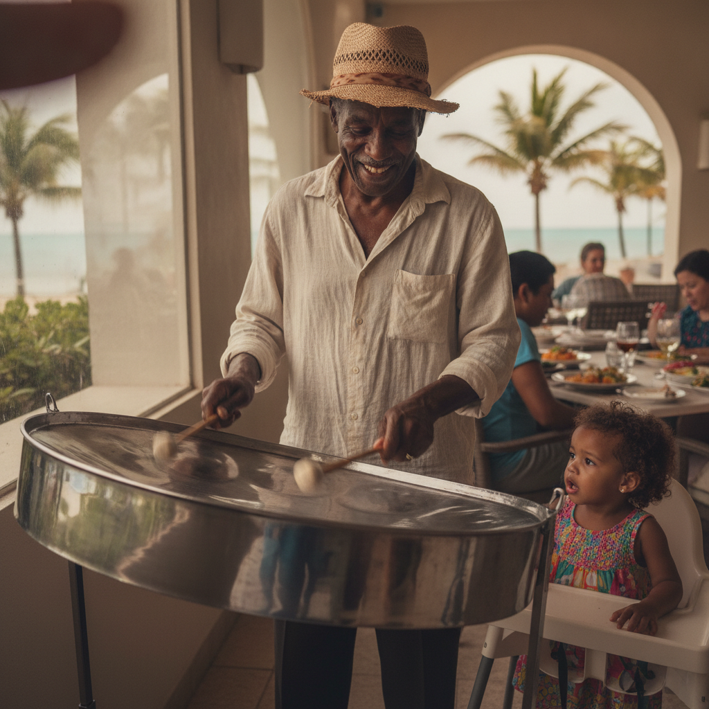Steel drum player AI-generated photoreal reference