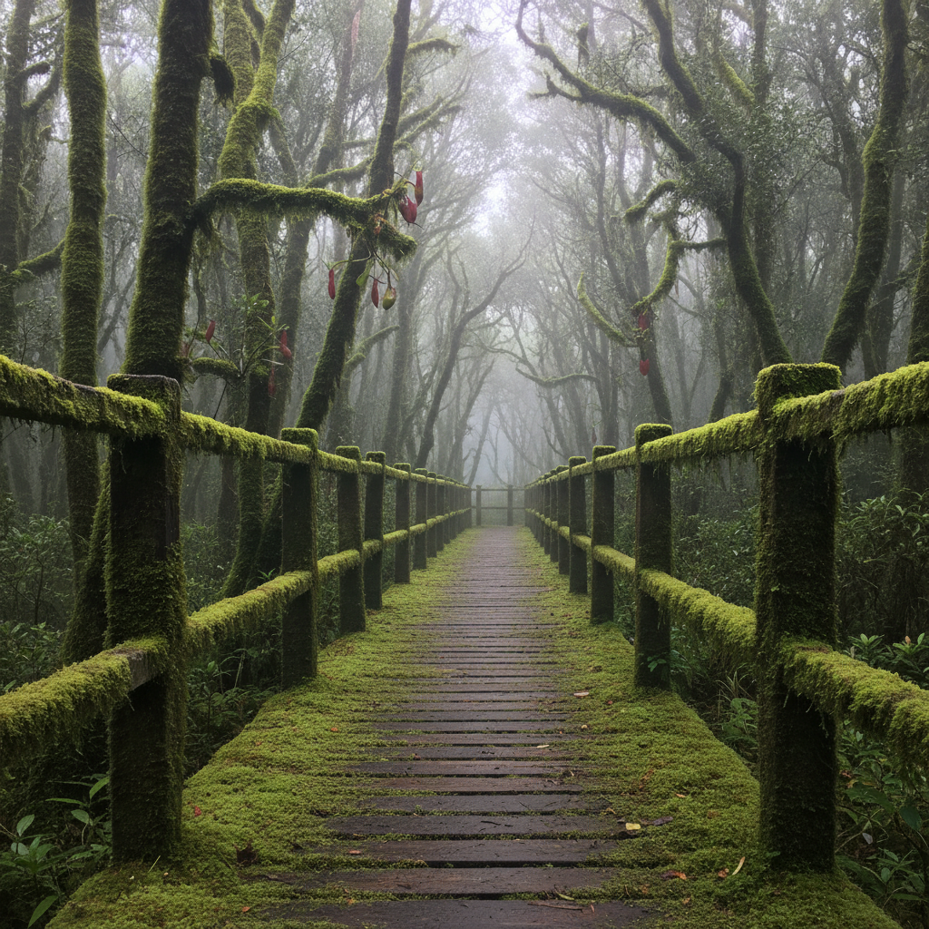 Cameron Highlands mossy forest, Malaysia — Gunung Brinchang boardwalk AI-generated photoreal reference