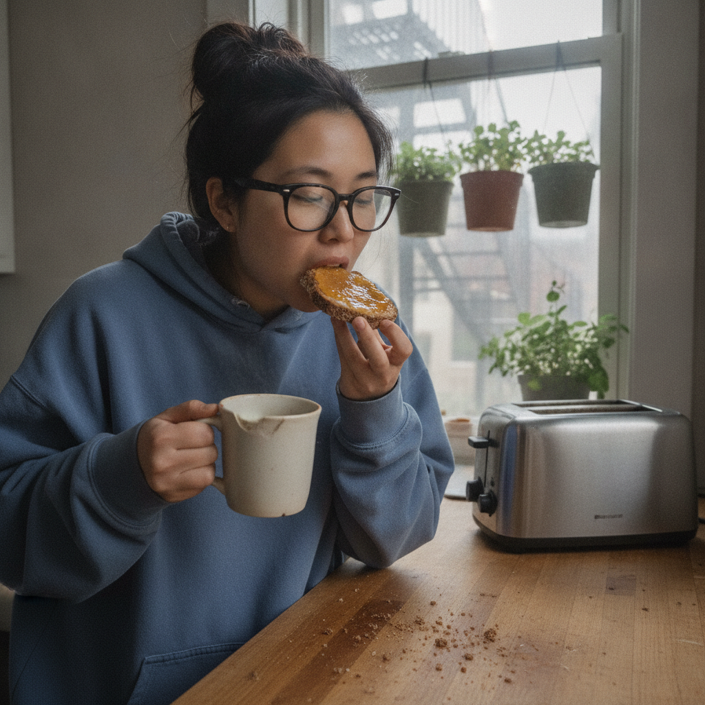 Person eating toast AI-generated photoreal reference