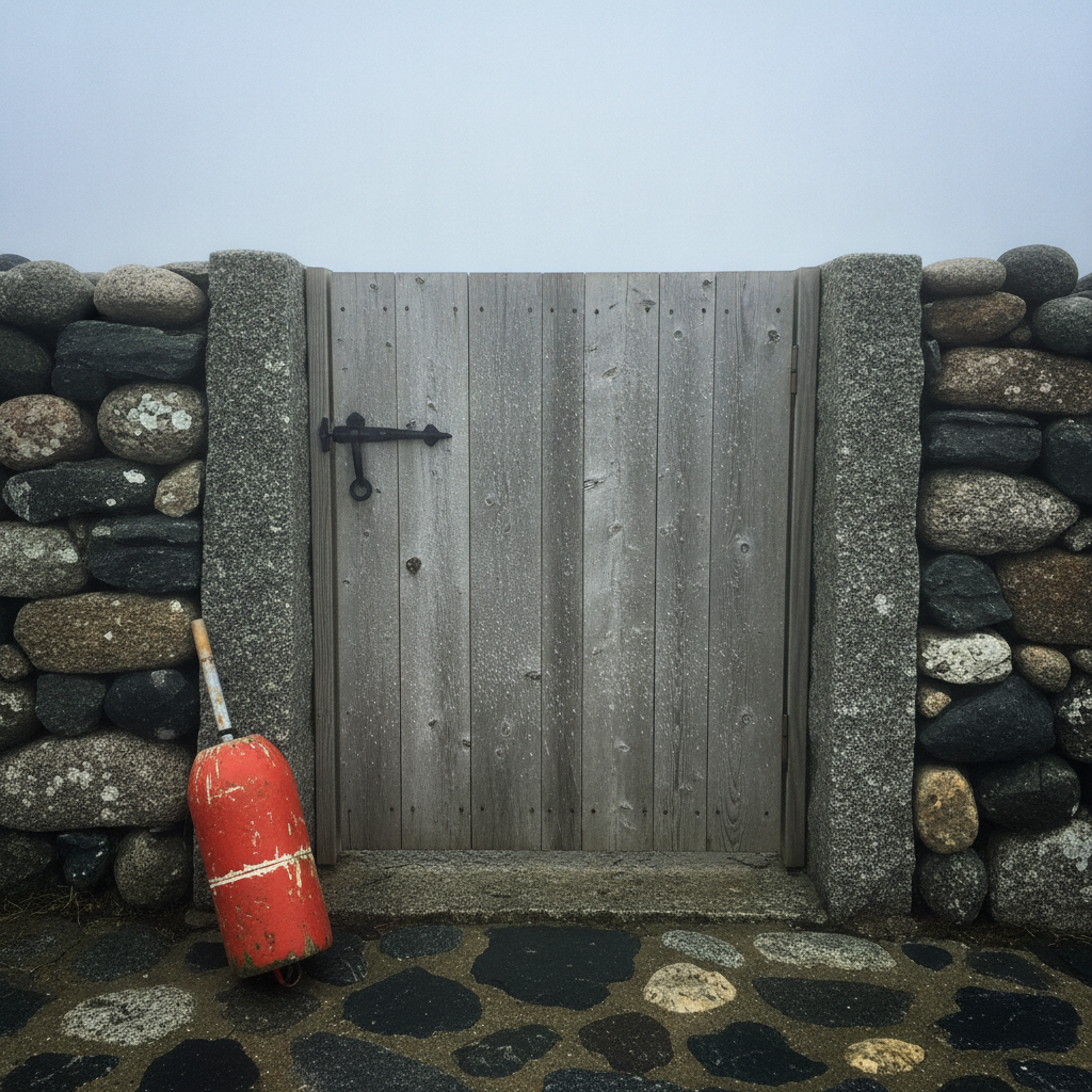 Newfoundland salt-box garden door in fieldstone, fog AI-generated photoreal reference