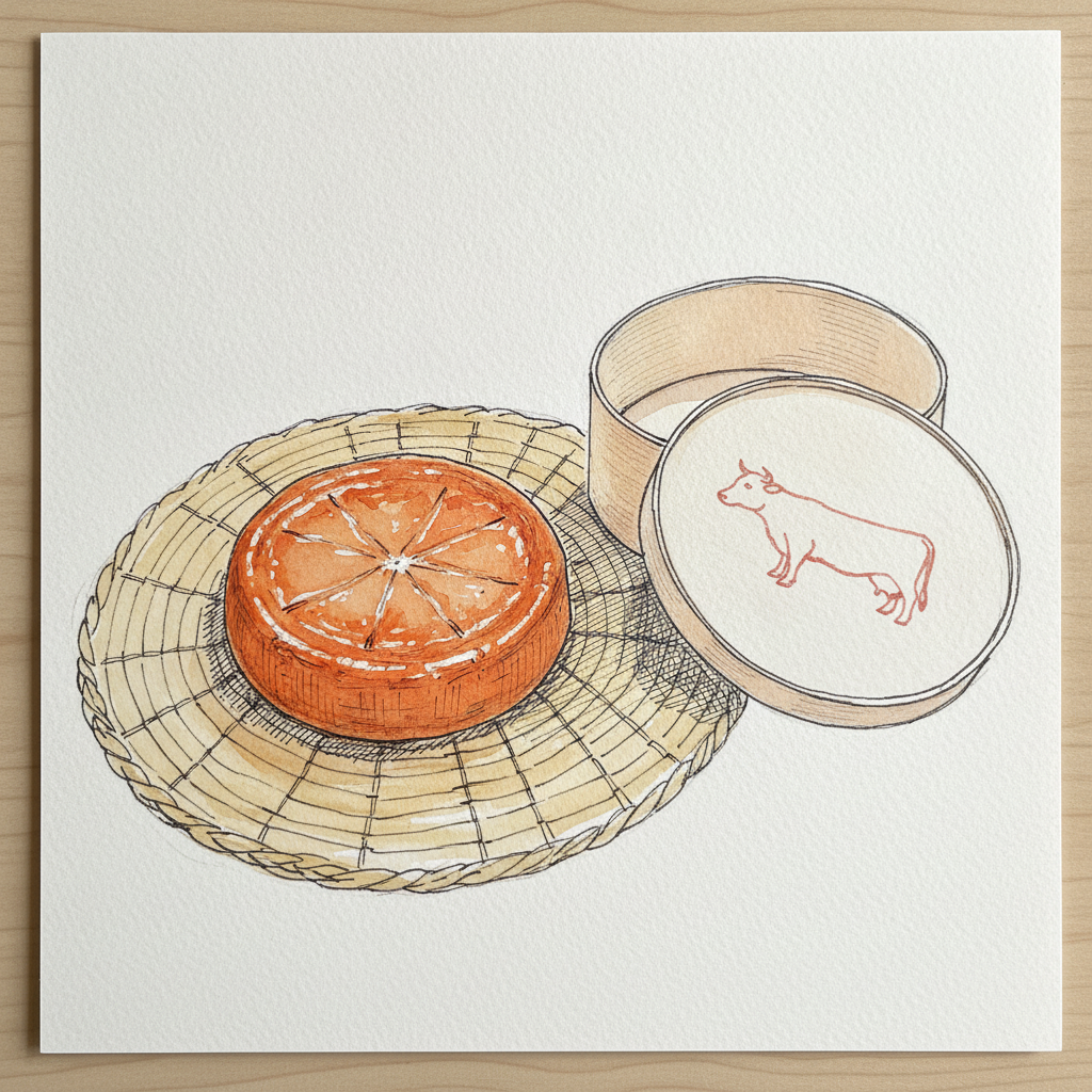 Époisses on a straw mat, glistening rind example 1