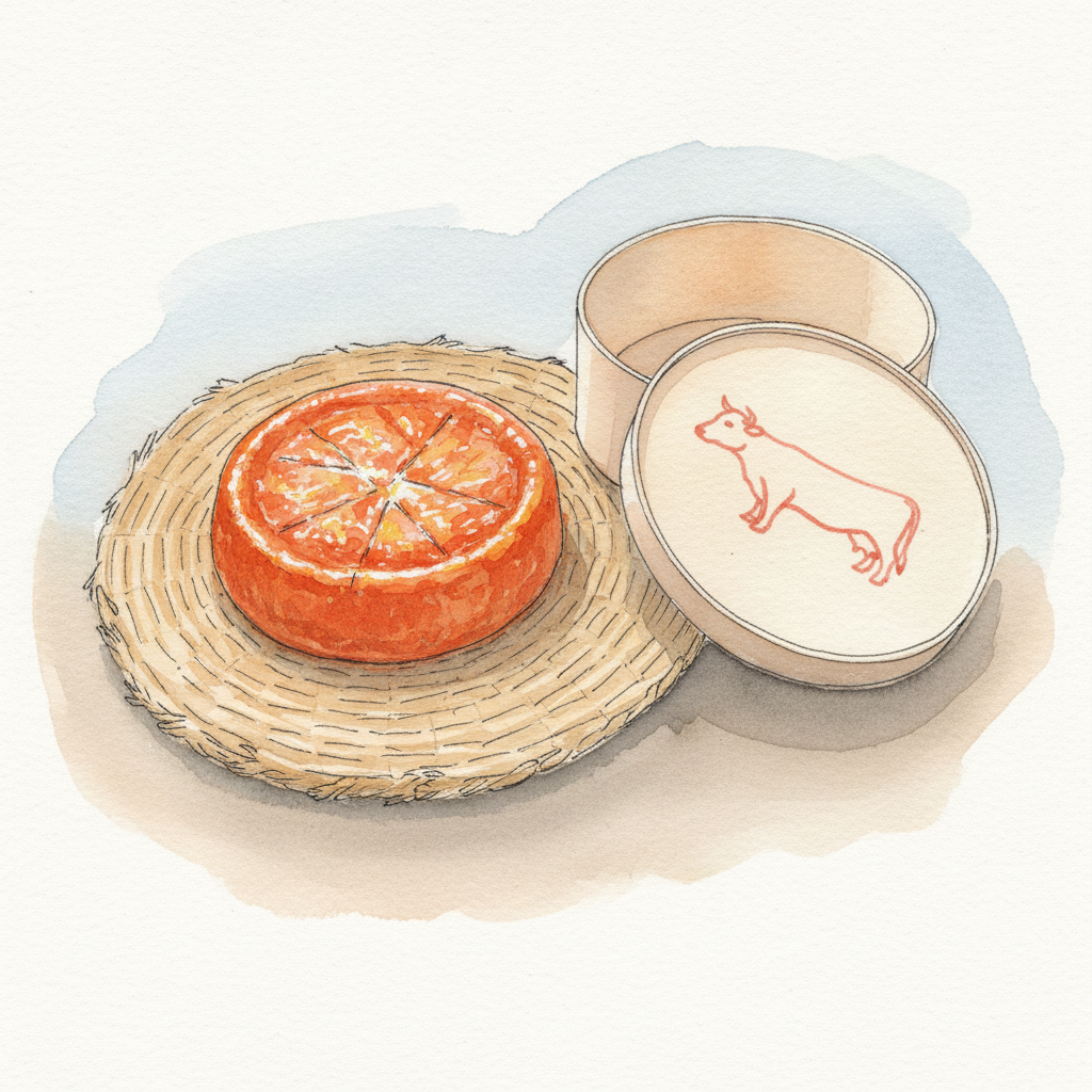 Époisses on a straw mat, glistening rind example 3