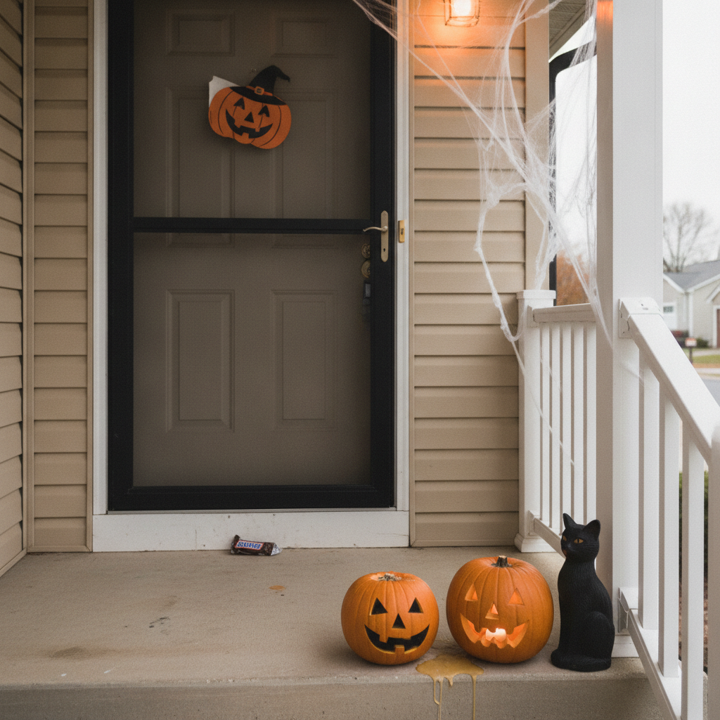 Vinyl-sided suburb, Halloween night AI-generated photoreal reference
